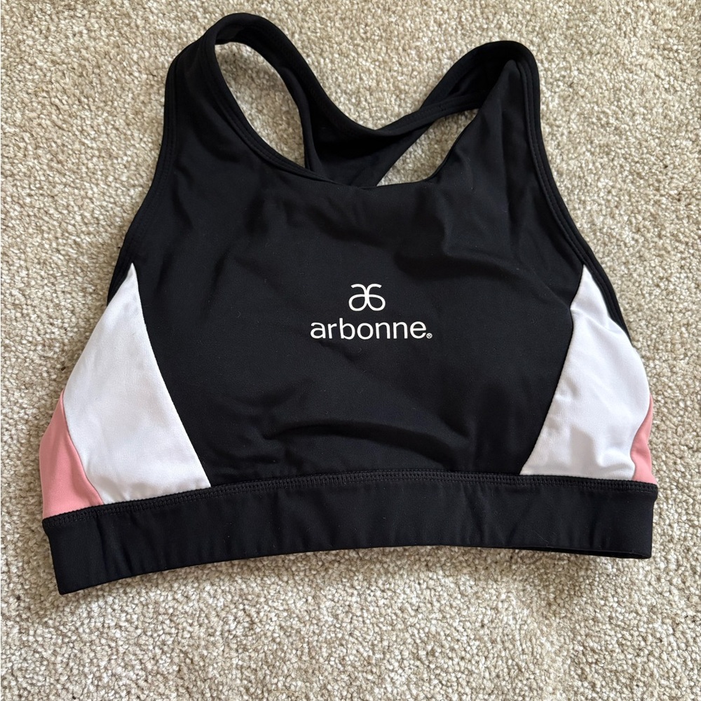 Arbonne Tri-Color Black Pink & White Sports Bra